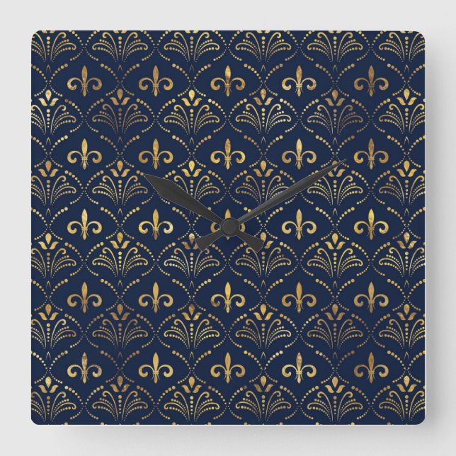 Relógio Quadrado Elegante Fleur-de-lis - Dourado e azul profundo (Frente)
