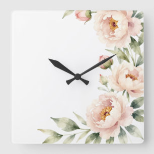 Relógio Quadrado Elegante fundo floral de peônia com tons de blush 