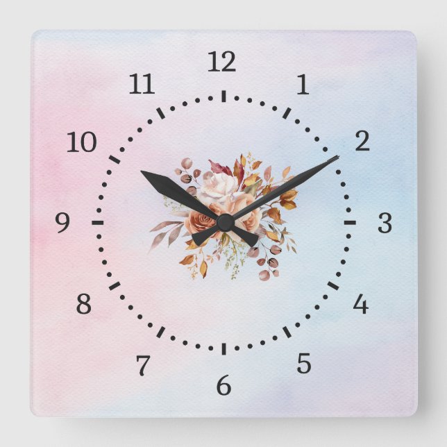Relógio Quadrado Elegante Moderno Teal Floral (Frente)