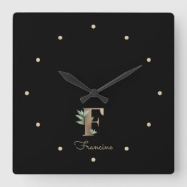 Relógio Quadrado Elegante Monograma Botânico - Letra F