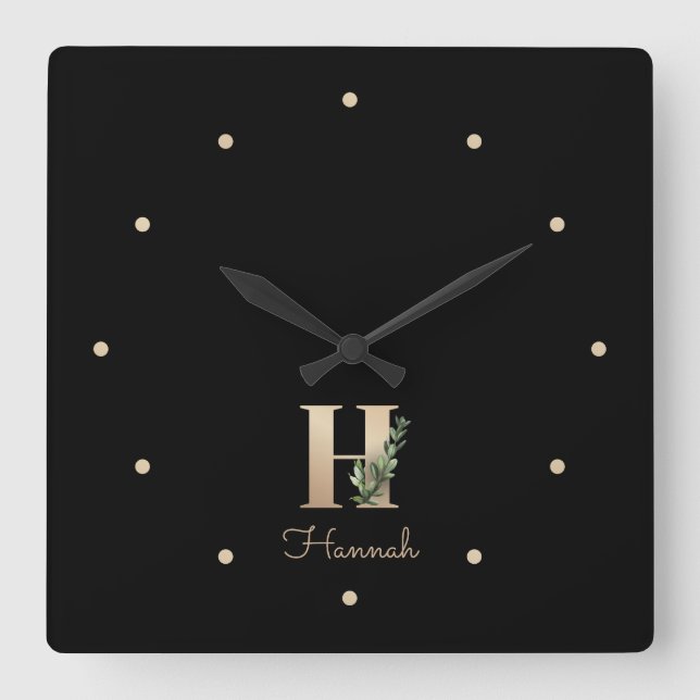 Relógio Quadrado Elegante Monograma Botânico - Letra H (Frente)