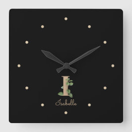 Relógio Quadrado Elegante Monograma Botânico - Letra I