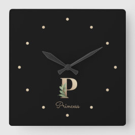 Relógio Quadrado Elegante Monograma Botânico - Letra P