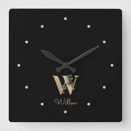 Relógio Quadrado Elegante Monograma Botânico - Letra W