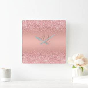 Relógio Quadrado Elegante Monograma Luxuoso Brilhante em Rosa Doura