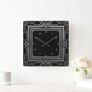 Relógio Quadrado Elegante Prata Preto Art Déco
