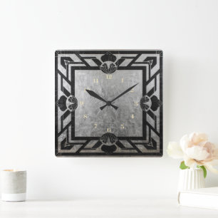 Relógio Quadrado Elegante Prata Preto Art Déco