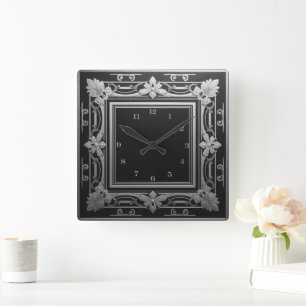 Relógio Quadrado Elegante Prata Preto Art Déco