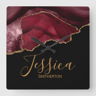 Relógio Quadrado Elegante Purple Burgundy Nome da Agata de Mármore