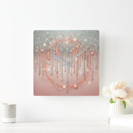 Relógio Quadrado Elegante Rosa Bege e Brilho de Prata Drip