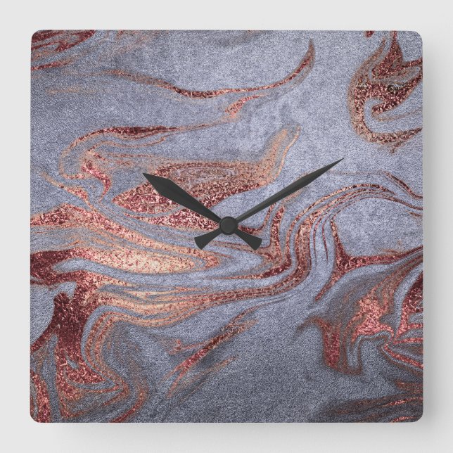 Relógio Quadrado Elegante rosa de cobre, de ouro, azul-mármore (Frente)