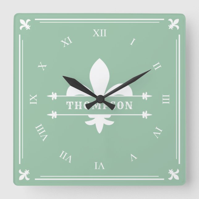 Relógio Quadrado Elegante Sage Green Fleur de Lis - Nome Personaliz (Frente)