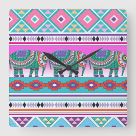 Relógio Quadrado Elephant with Aztec Pattern