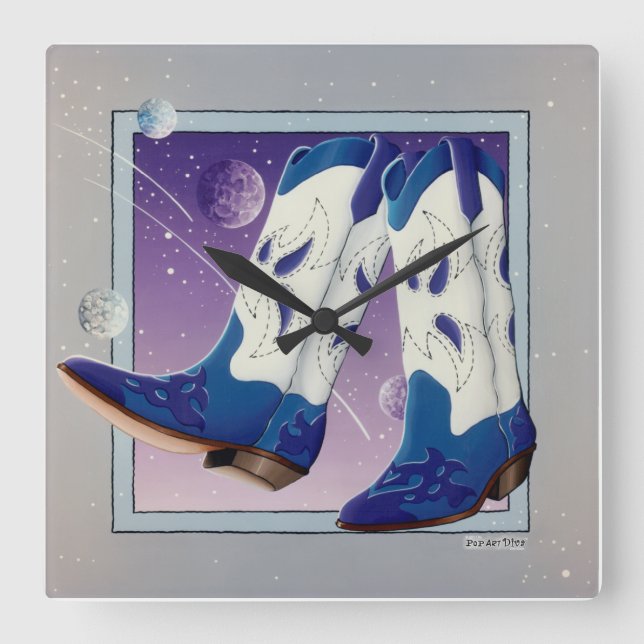Relógio Quadrado Elétrico Slide Western Cowboy Boots WALL CLOCK (Frente)