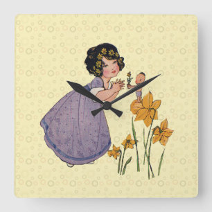 Relógio Quadrado Elfo de Jardim Narciso Terra das Fadas Primavera P