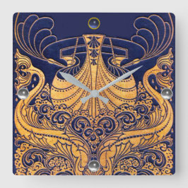 Relógio Quadrado Embarcação Antiga,Golfinhos,Dourado,Azul Marinho N