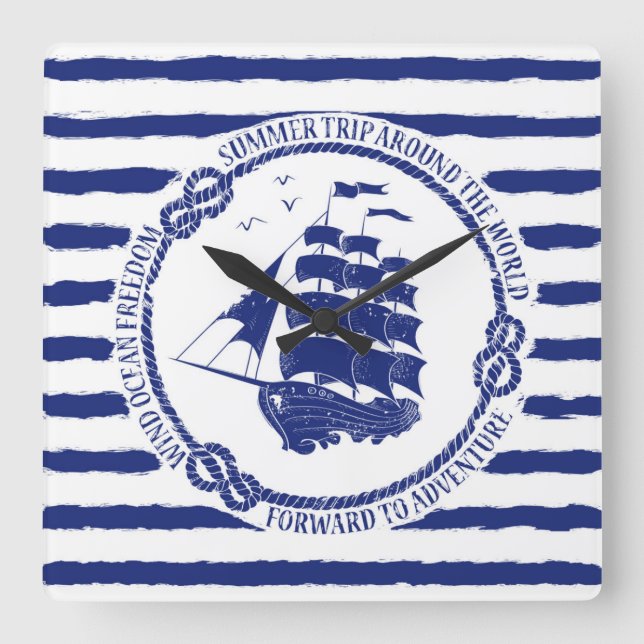 Relógio Quadrado Emblema náutico com navio de navigação (Frente)