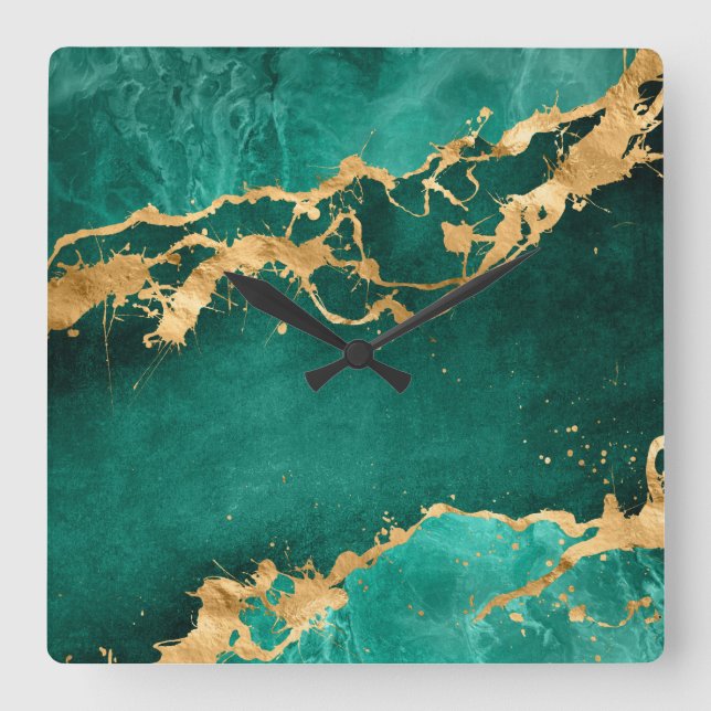 Relógio Quadrado Emerald Green e abstrato Dourada (Frente)