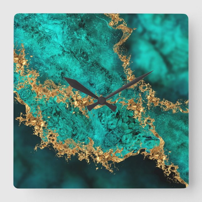 Relógio Quadrado Emerald Jade Dourado Splatter Abstrato (Frente)