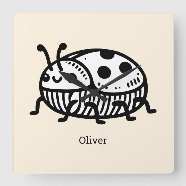Relógio Quadrado Encantadora Ilustração do Besouro Desenhado à Mão (Frente)