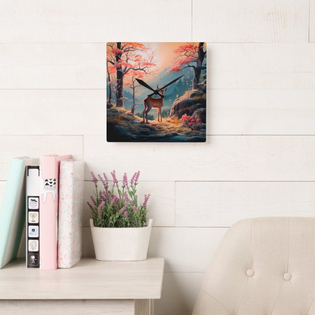 Relógio Quadrado Encantando Design de Cena de Veado de Outono (Sala de leitura)