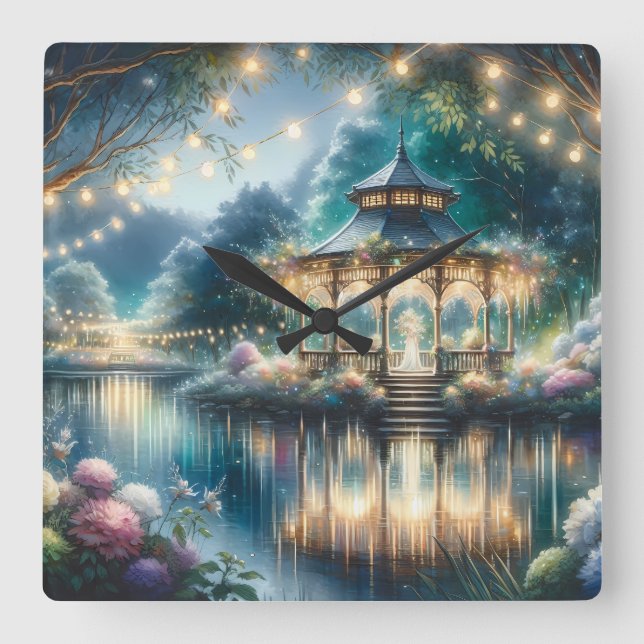 Relógio Quadrado Enchanted Garden Gazebo Twilight Reflection (Frente)