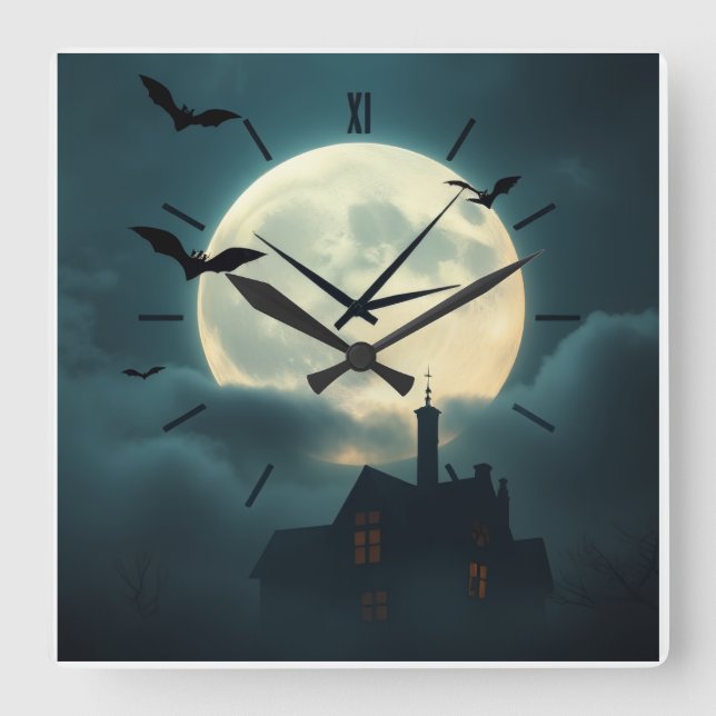 Relógio Quadrado Enchanting Haunted Moon Clock | Luxury Gothic Art (Frente)