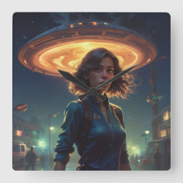 Relógio Quadrado Encontro de OVNI alienígena por Menina na Cidade