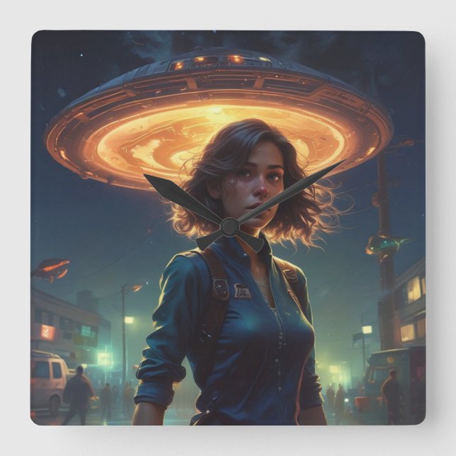 Relógio Quadrado Encontro de OVNI alienígena por Menina na Cidade (Frente)