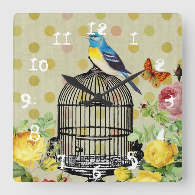 Relógio Quadrado Enfeites de gaiola de pássaros florais Granny Chic (Frente)