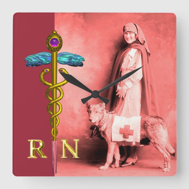 Relógio Quadrado ENFERMEIRA E CÃO DE RESGATE /Emblema RN do Caduceu (Frente)