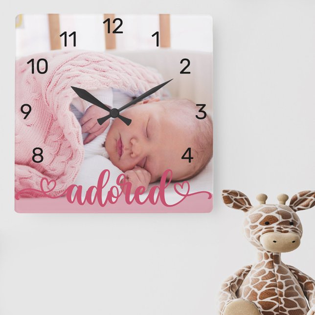 Relógio Quadrado Enfermeira Rosa de Foto de Menina Adorada (New baby photo clock for the nursery lettered with "adored" and decorated with love hearts)