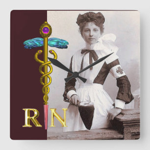 Relógio Quadrado ENFERMEIRA VINTAGE e Emblema Caduceu de Ouro NR