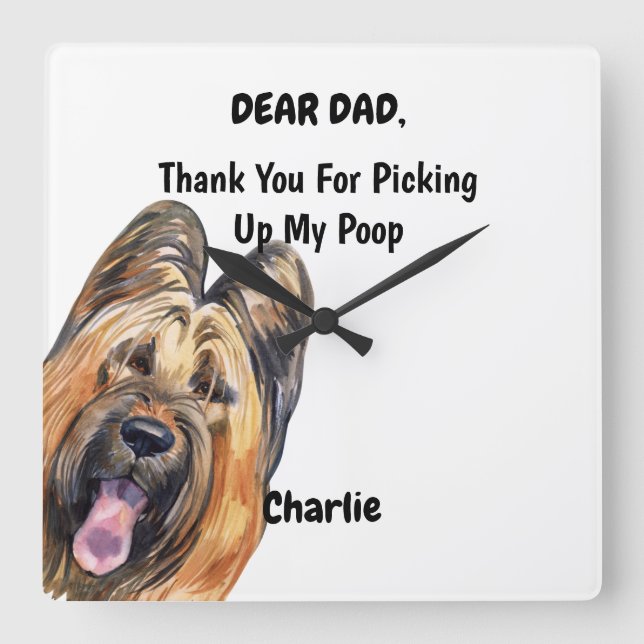 Relógio Quadrado Engraçado Briard Pai Watercolor Canine Art  (Frente)