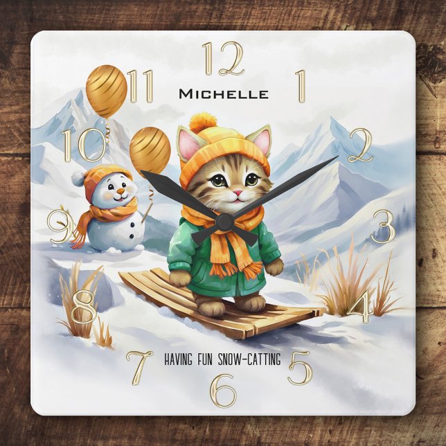 Relógio Quadrado Engraçado Cat Snowboard Winter Kids (Winter wall clock for children, featuring a funny painting of a cute kitty cat on a snowboard.)