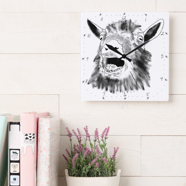 Relógio Quadrado Engraçado Gato Chorando Arte Animal Quirky (Funny screaming goat drawing black and white wall clock farm animal art humor)