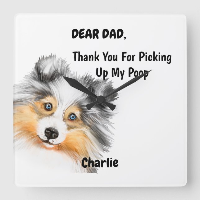 Relógio Quadrado Engraçado Pai de Cachorro Azul Aquarela Arte Canin (Frente)