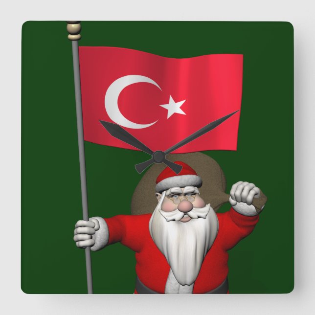 Relógio Quadrado Engraçado Papai Noel Com Bandeira Da Turquia (Frente)