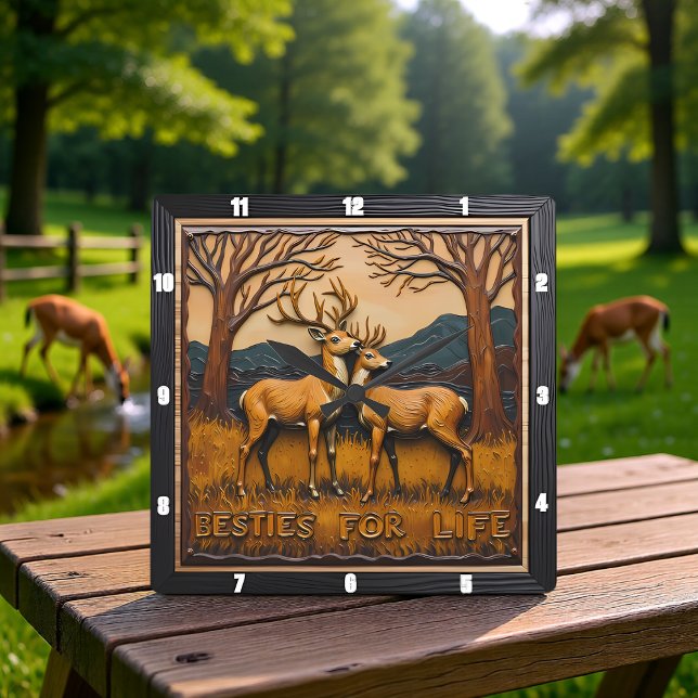 Relógio Quadrado Engraved Deer Pair Sunset Forest (Criador carregado)