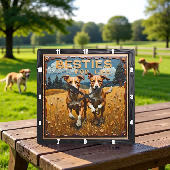 Relógio Quadrado Engraved Dog Pair Blue Sky Field (Criador carregado)