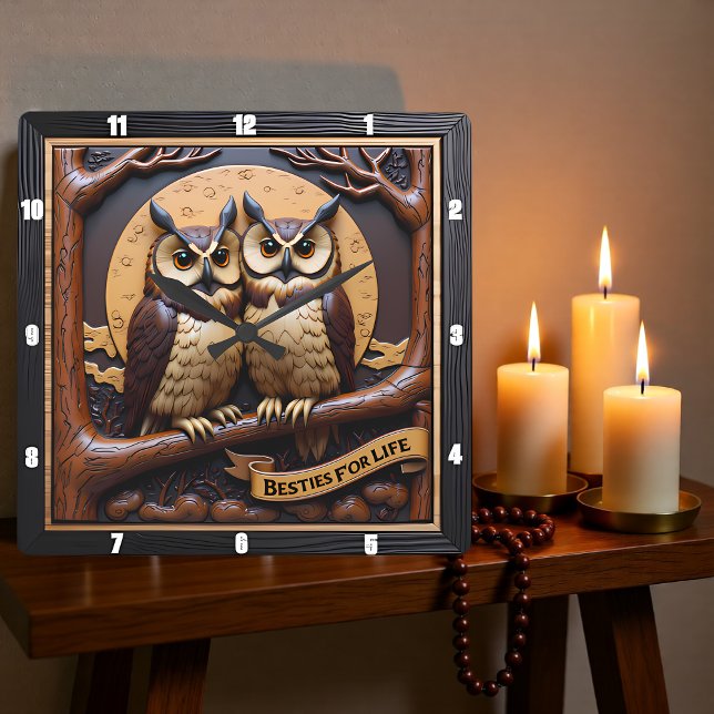 Relógio Quadrado Engraved Owls Branch Banner Brown (Criador carregado)