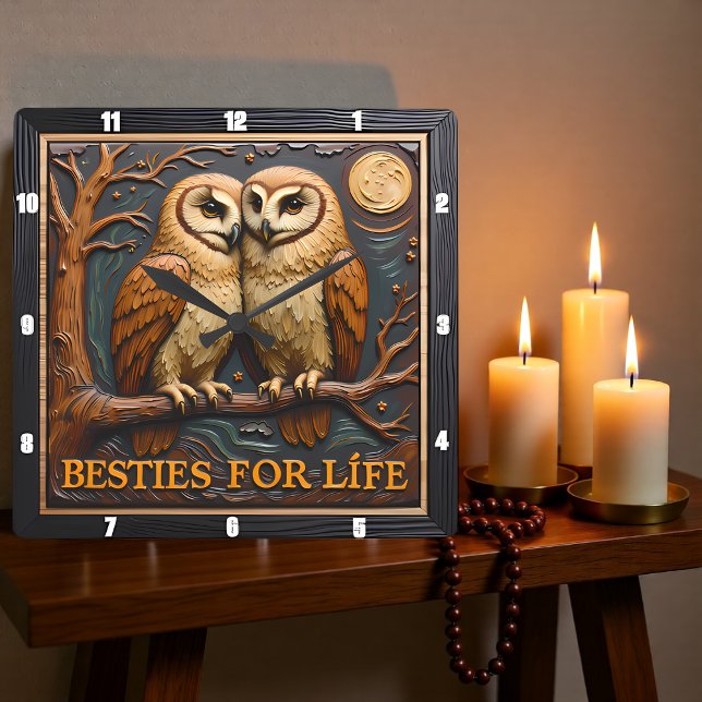 Relógio Quadrado Engraved Owls Branch Moon Besties (Criador carregado)
