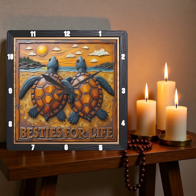 Relógio Quadrado Engraved Turtle Pair Blue Shore (Criador carregado)