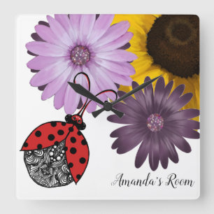 Relógio Quadrado Engrenagens de linha com flores realistas