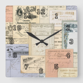 Relógio Quadrado Ephemera europeia antiga Paris Roma Amesterdã