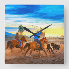 Relógio Quadrado Equipe de Rodeio Roping Sunset Corral Rústico Ocid