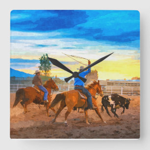 Relógio Quadrado Equipe de Rodeio Roping Sunset Corral Rústico Ocid