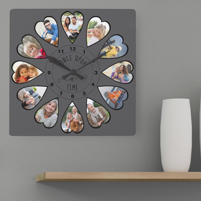 Relógio Quadrado Era uma vez 12 Cinzas escuras com fotos moldadas p (Photo clock with 12 heart shaped photos. Unusual design for your home and a thoughtful photo gift.)