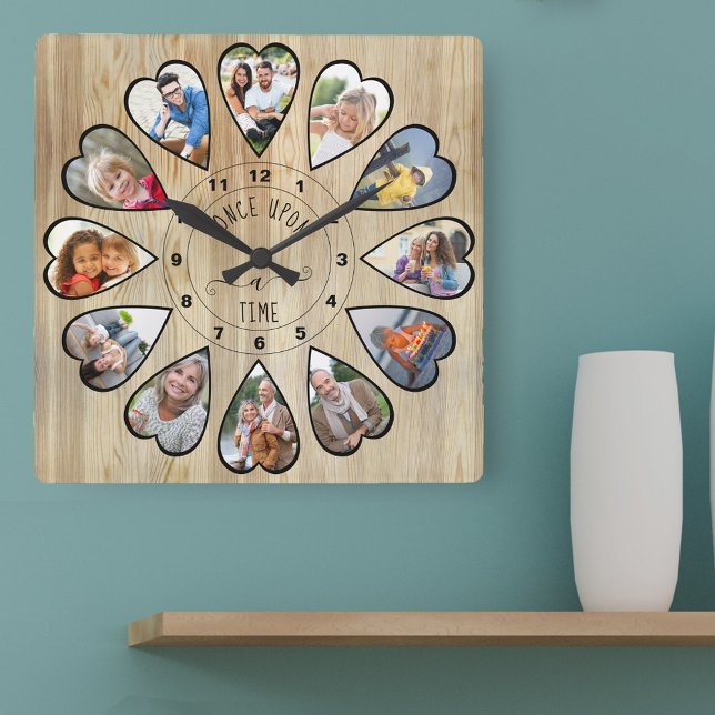 Relógio Quadrado Era uma vez 12 Coração Moldar Fotos (Photo clock with 12 heart shaped photos. Unusual design for your home and a thoughtful photo gift.)