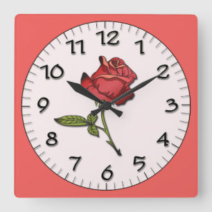 Relógio Quadrado Esboço de Rosa Vermelha Bonita